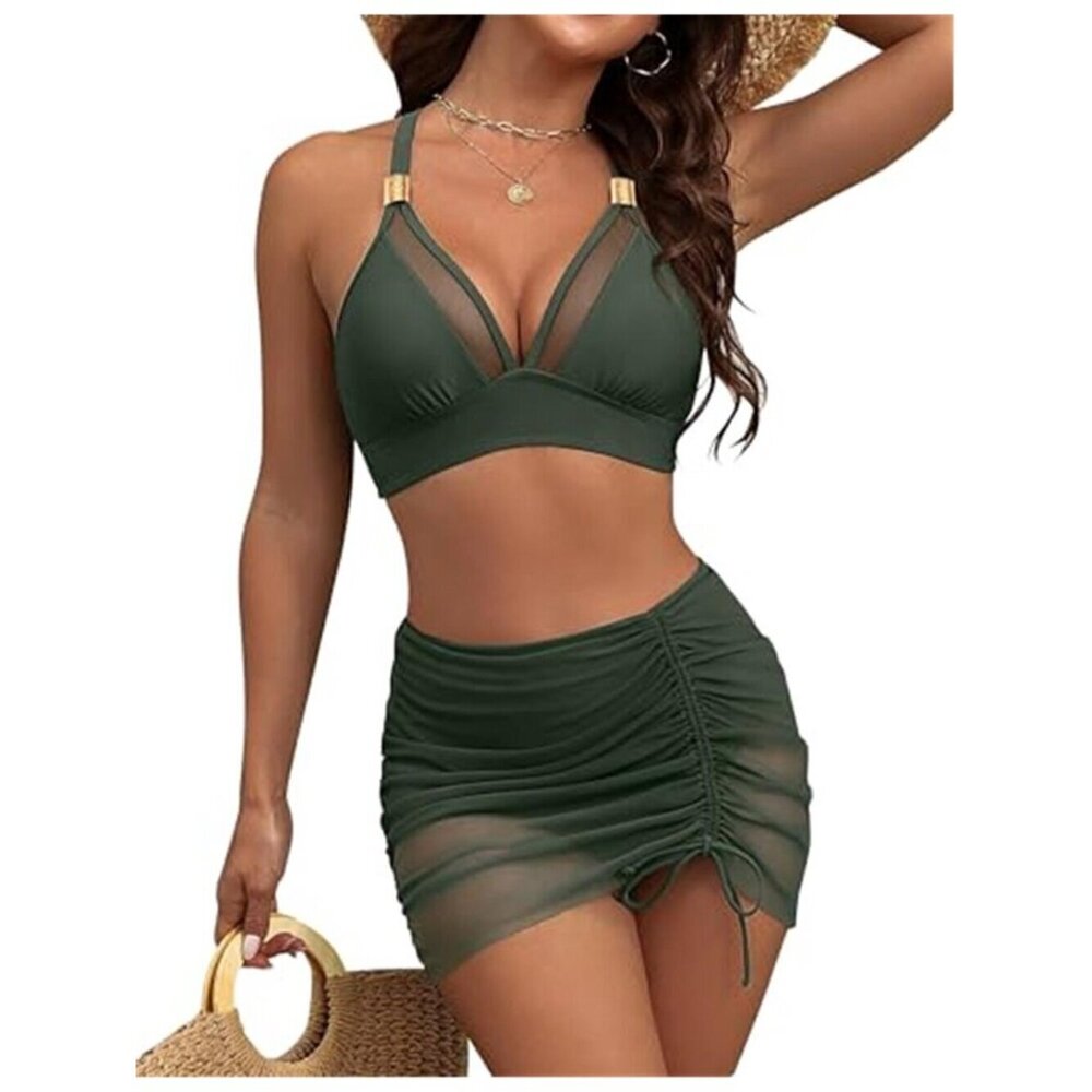 Army Green High-Waist Bikini Set with Mesh Skirt Tummy Control